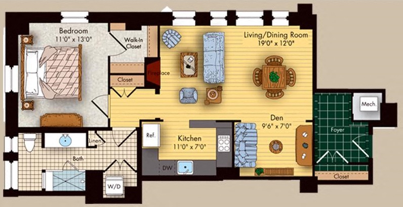 Floor plan for 1 bed, 1 bath, 845 sqft